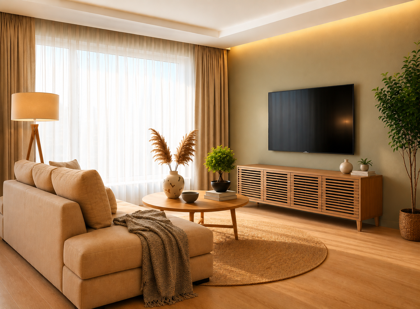 Japandi woonkamer met Tanner tv-meubel van essenhout in Flaxen, beige bank, ronde salontafel en natuurlijke woondecoratie.