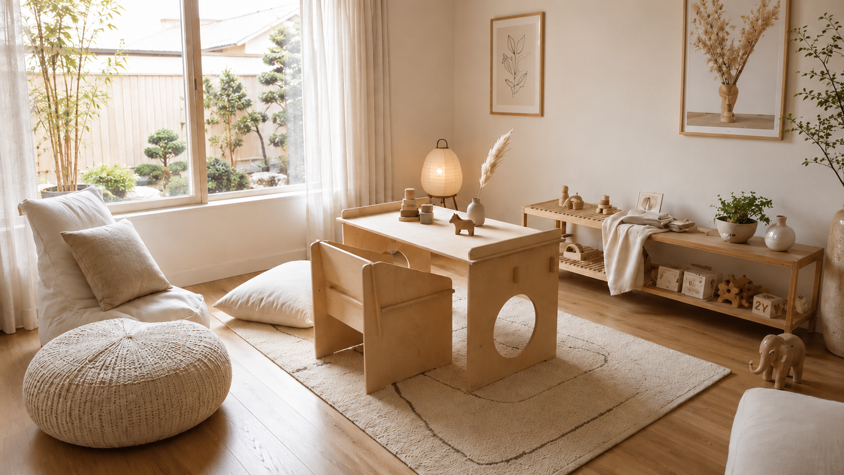 Tafelset Athene in rustige Japandi kinderkamer met natuurlijke kleuren en speelhoek