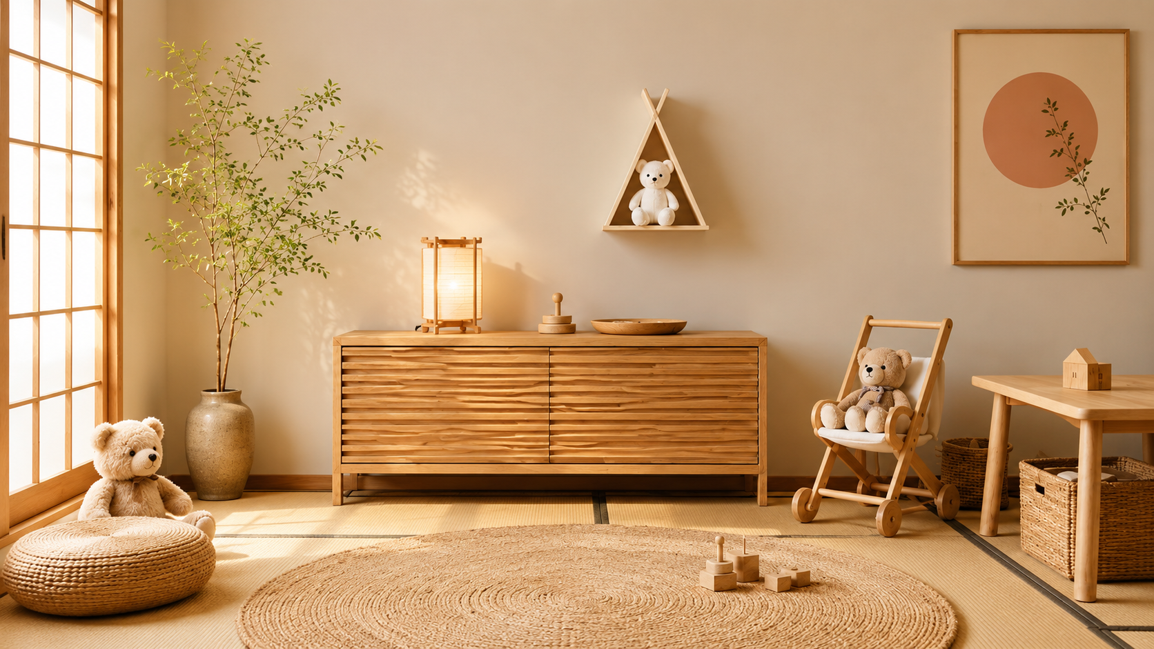 Collectie Montessori speelgoed en houten speelmeubels in Japandi stijl voor kinderen