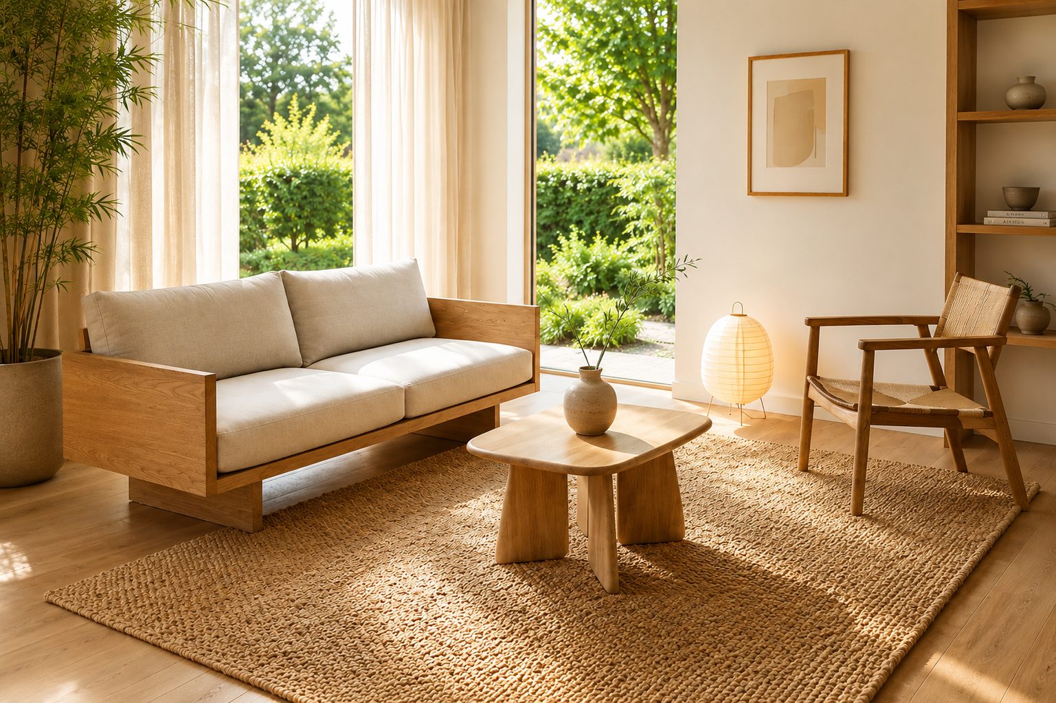 Japandi woonkamer met houten bank, salontafel, fauteuil en natuurlijke woonaccessoires van Lunaro Living