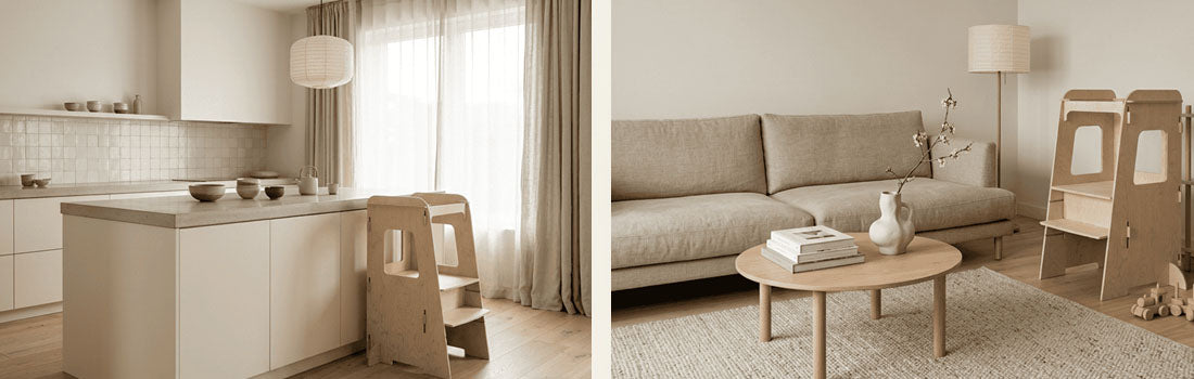 Collectie houten Montessori leertorens in Japandi stijl voor kinderen