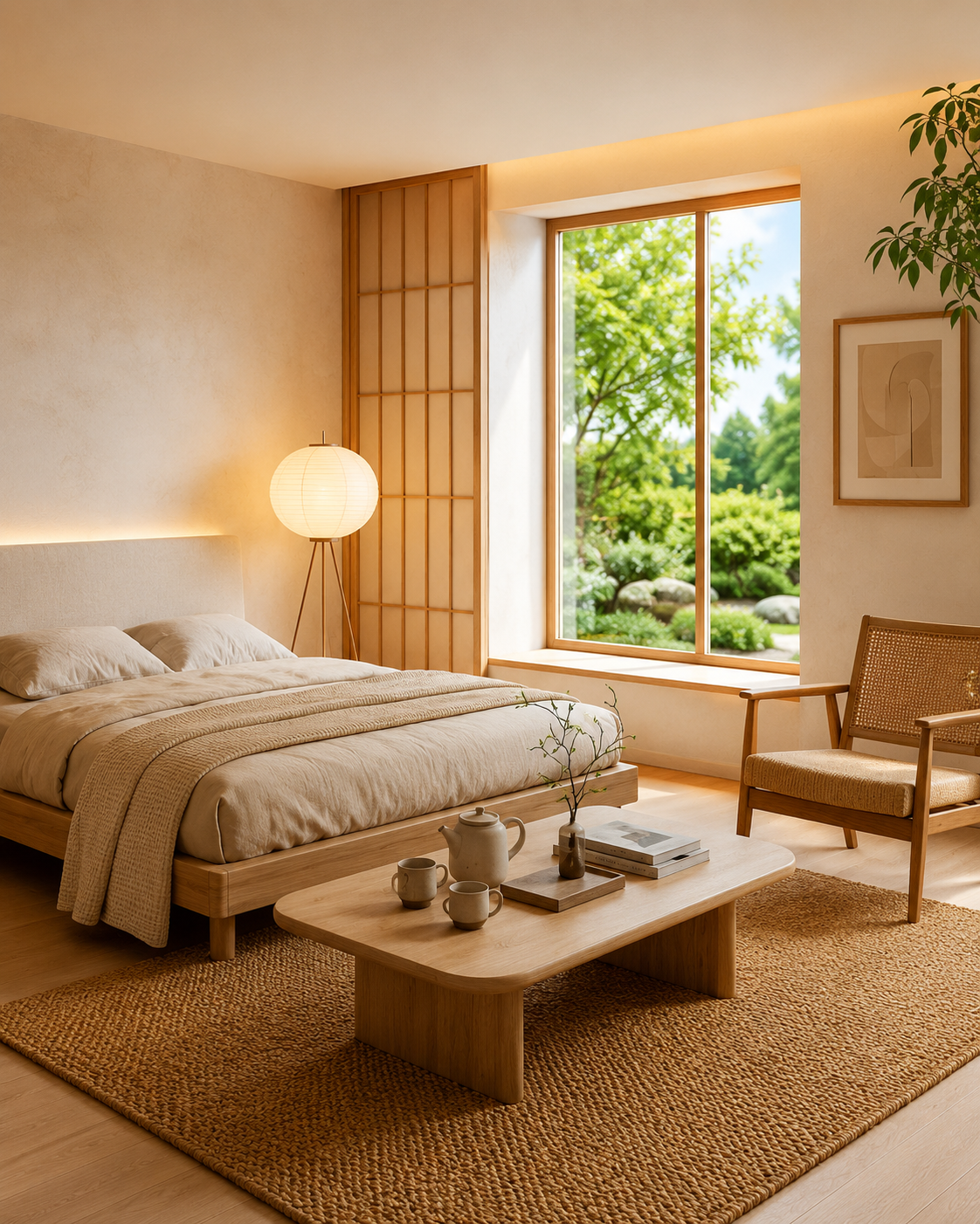 Japandi slaapkamer met houten bed, natuurlijk vloerkleed en minimalistische slaapkamermeubels van Lunaro Living