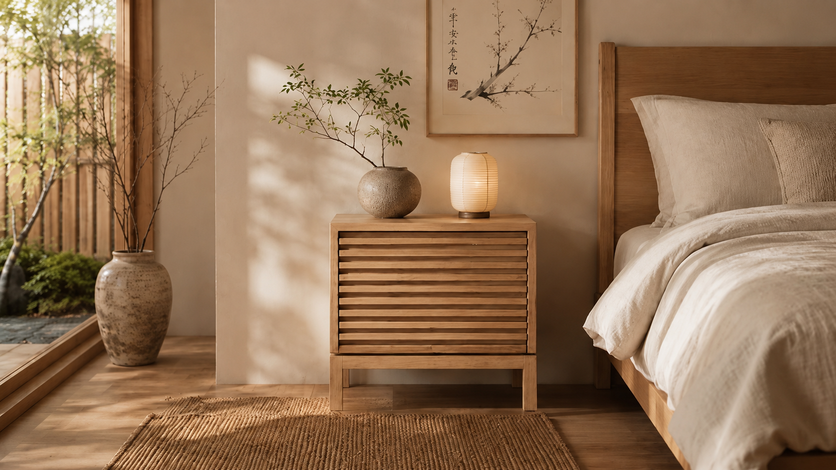Houten nachtkastjes in Japandi stijl met natuurlijke materialen en tijdloos design