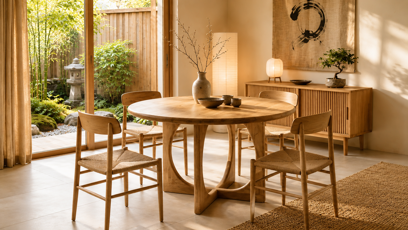 Japandi eetkamer met ronde houten eettafel, stoelen en warme natuurlijke inrichting