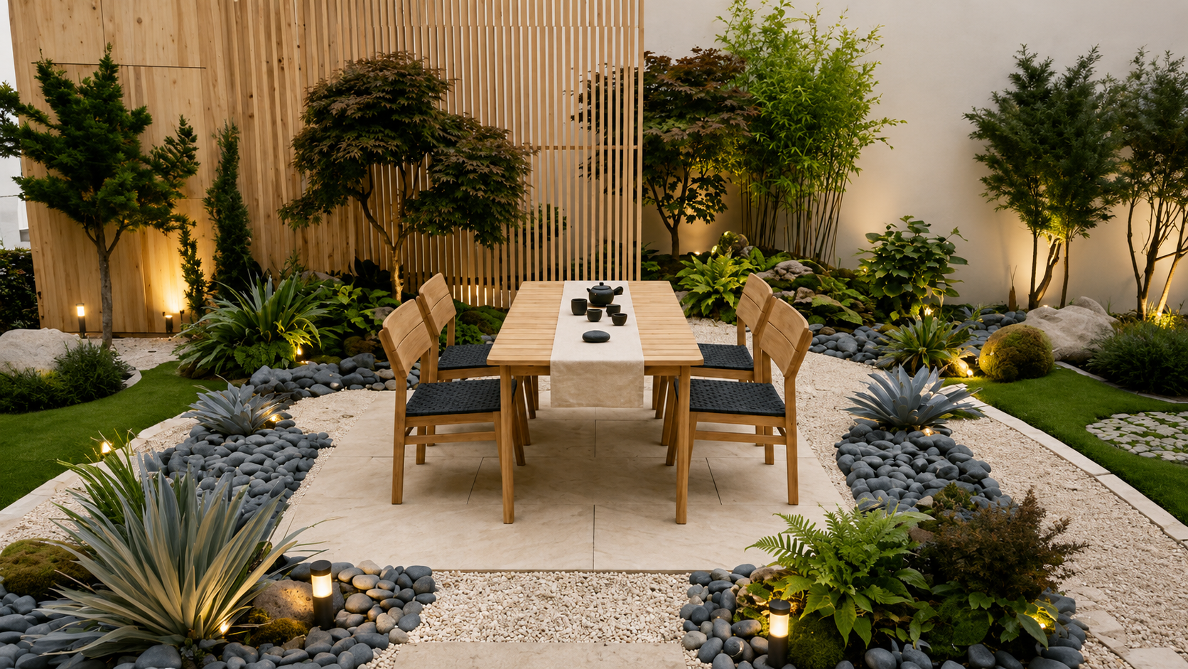 Eettafel met stoelen in een rustige Japandi tuin met natuurlijke materialen en groene beplanting
