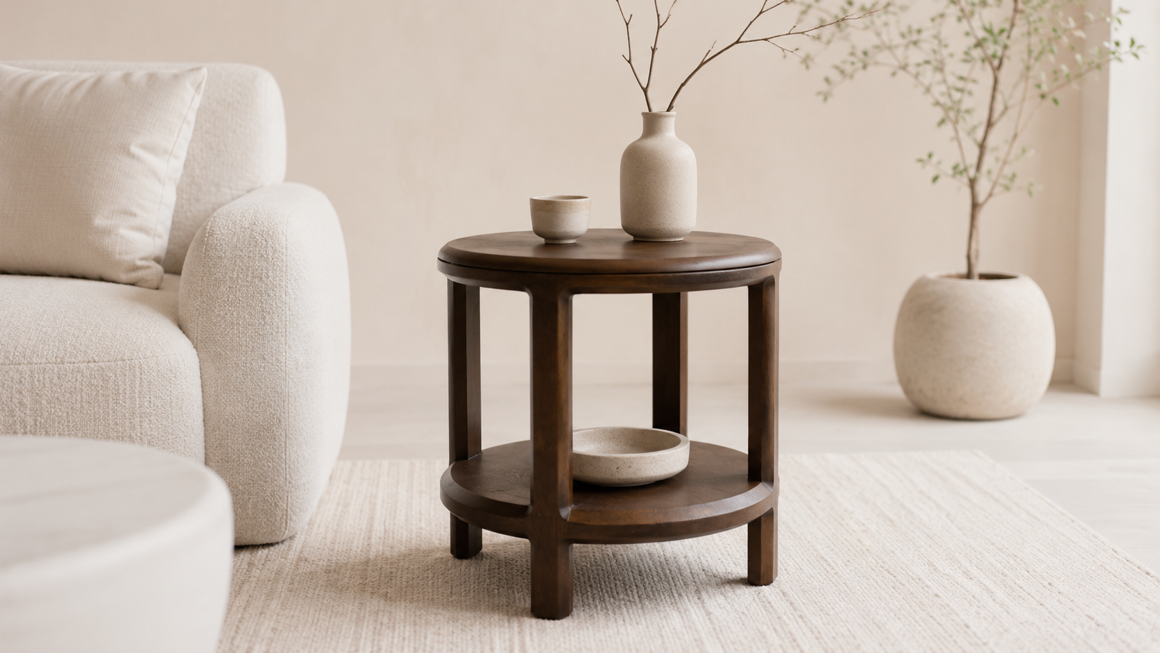 Collectie salontafels van hout in een rustige Japandi woonkamer
