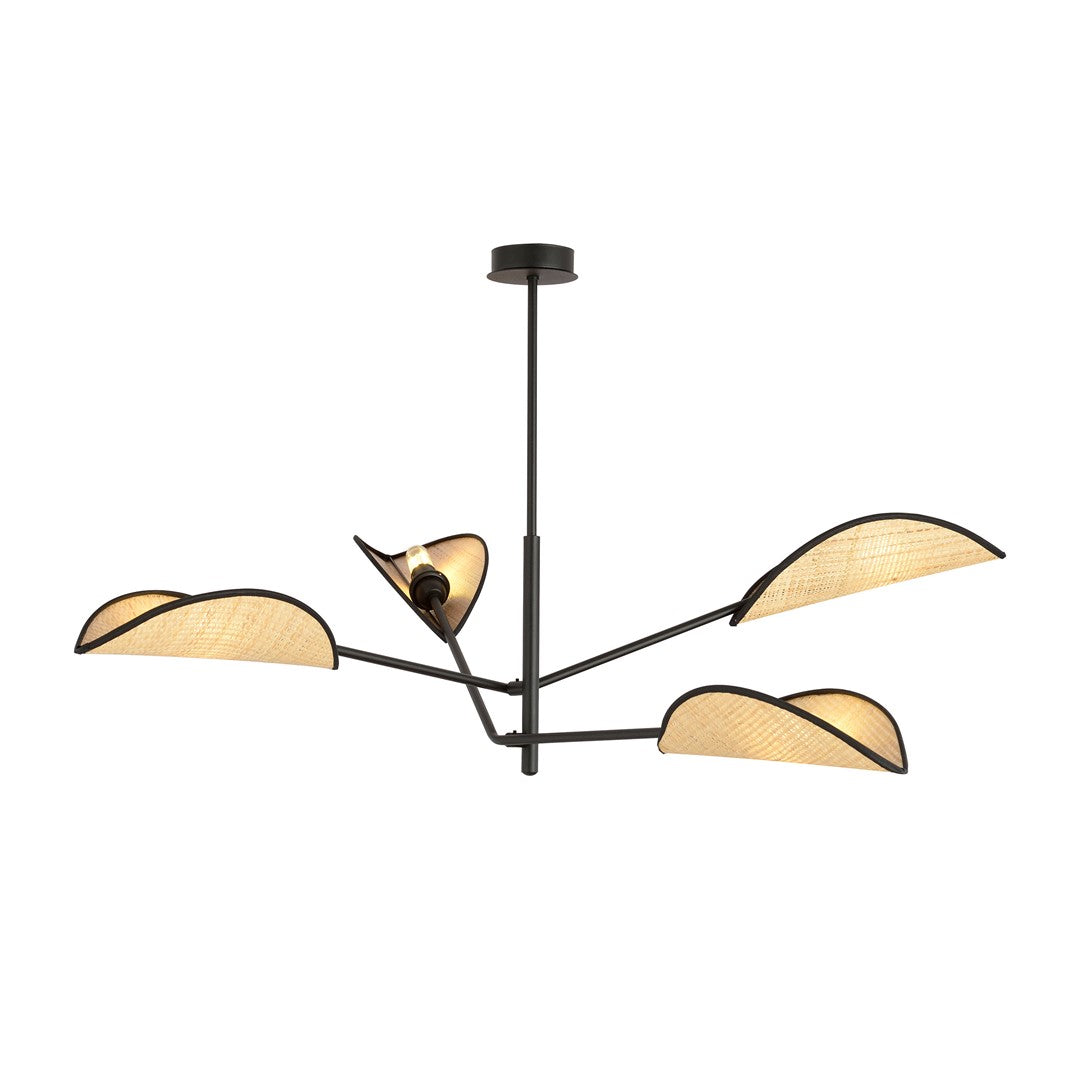 VENE 4 hanglamp zwart met vier rotan lampenkappen