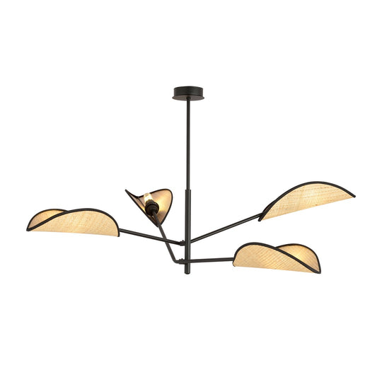 VENE 4 hanglamp zwart met vier rotan lampenkappen