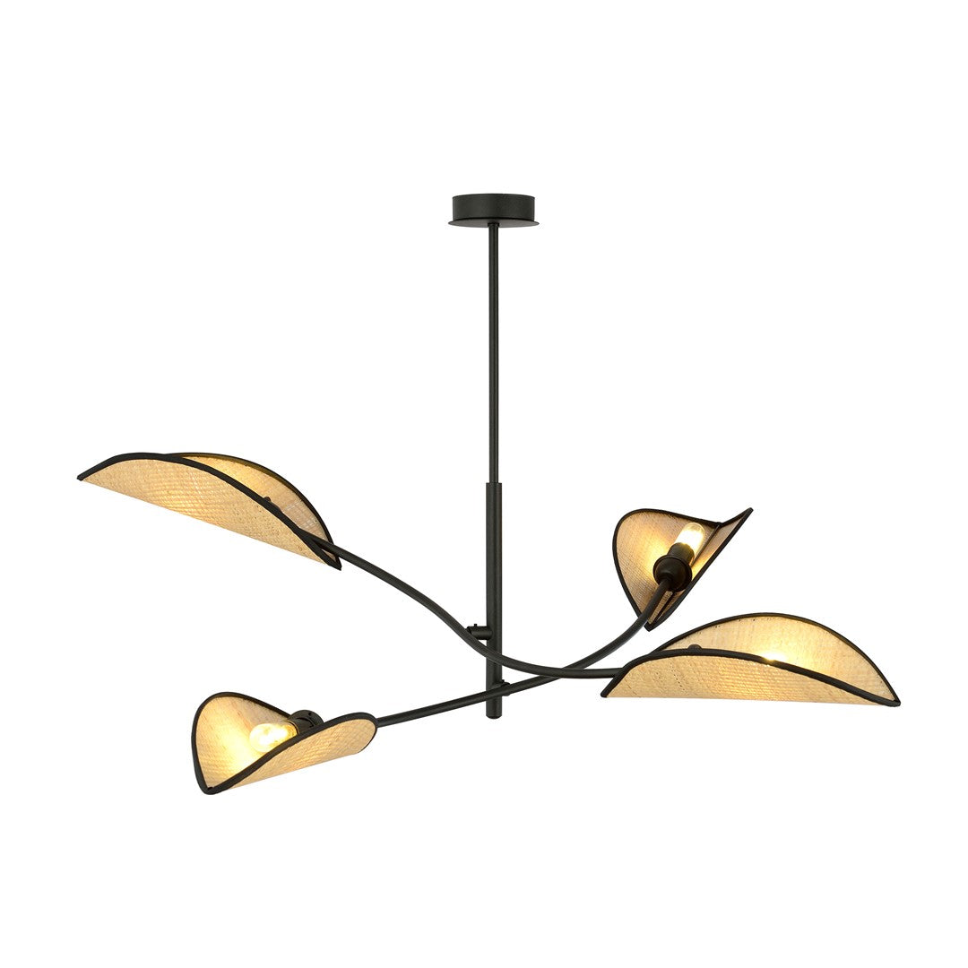 LOTUS 4 hanglamp zwart met vier rotan lampenkappen