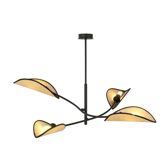 LOTUS 4 hanglamp zwart met vier rotan lampenkappen
