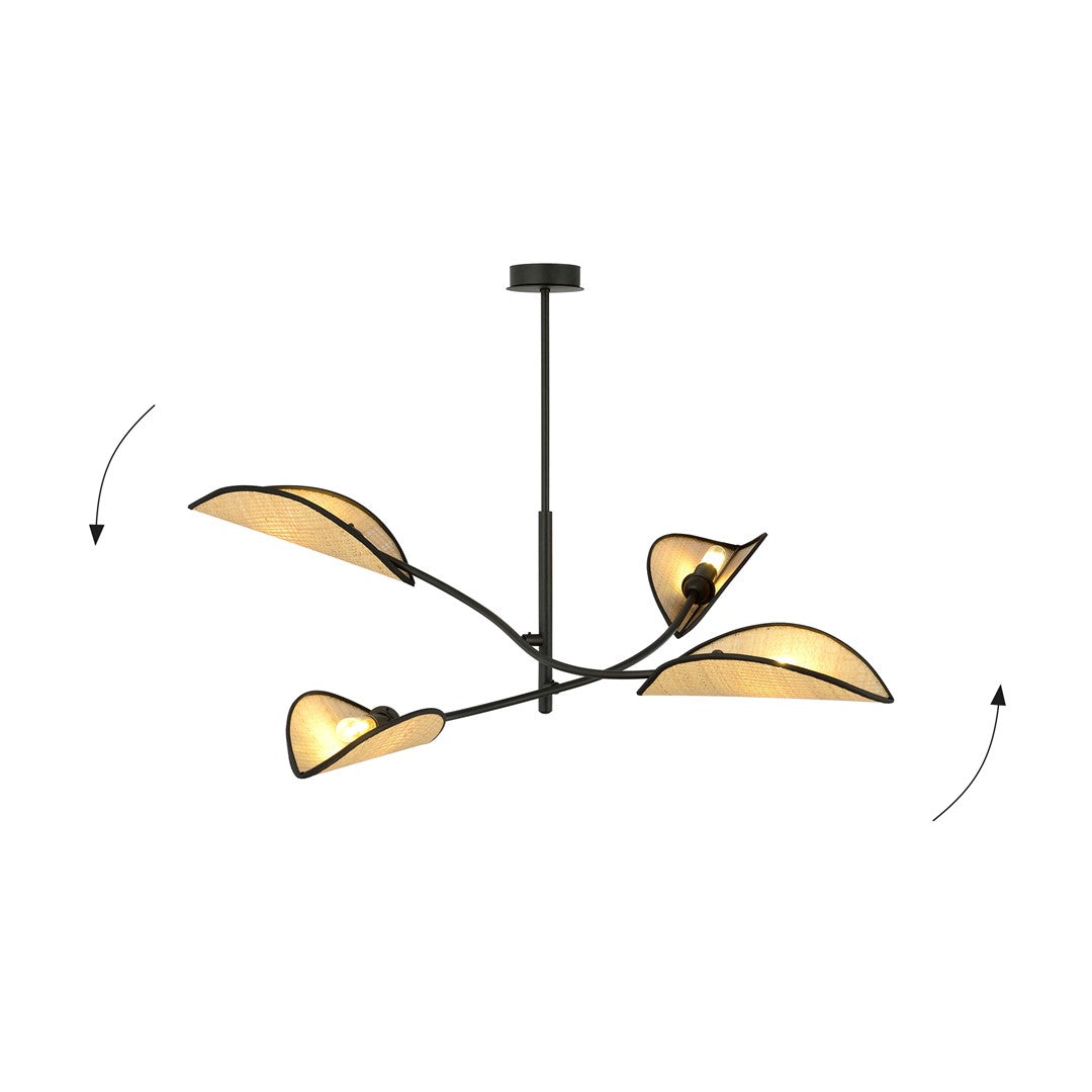 LOTUS 4 hanglamp zwart en rotan – verstelbare armpositie weergegeven