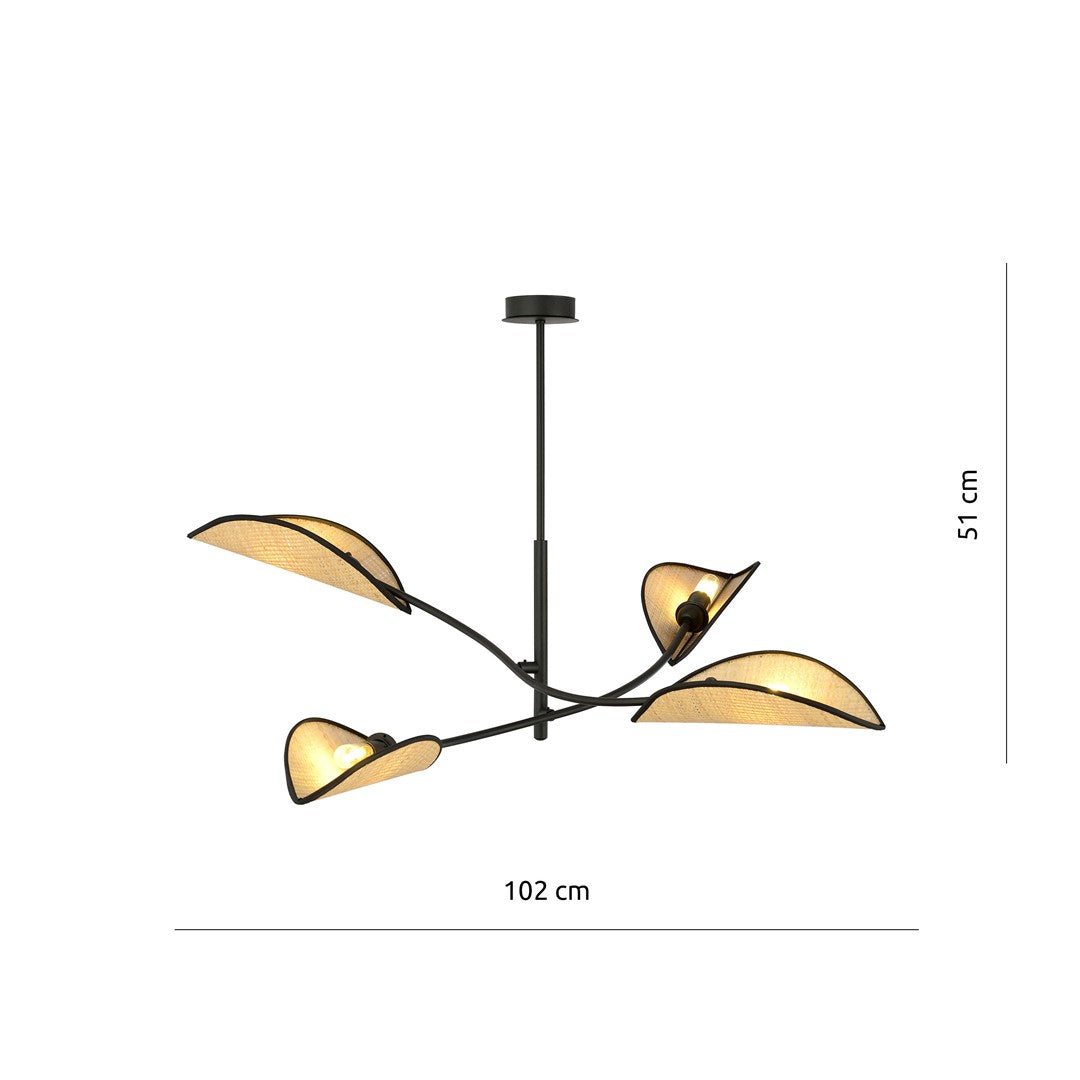 LOTUS 4 hanglamp zwart en rotan – afmetingen weergegeven