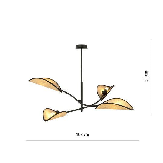 LOTUS 4 hanglamp zwart en rotan – afmetingen weergegeven