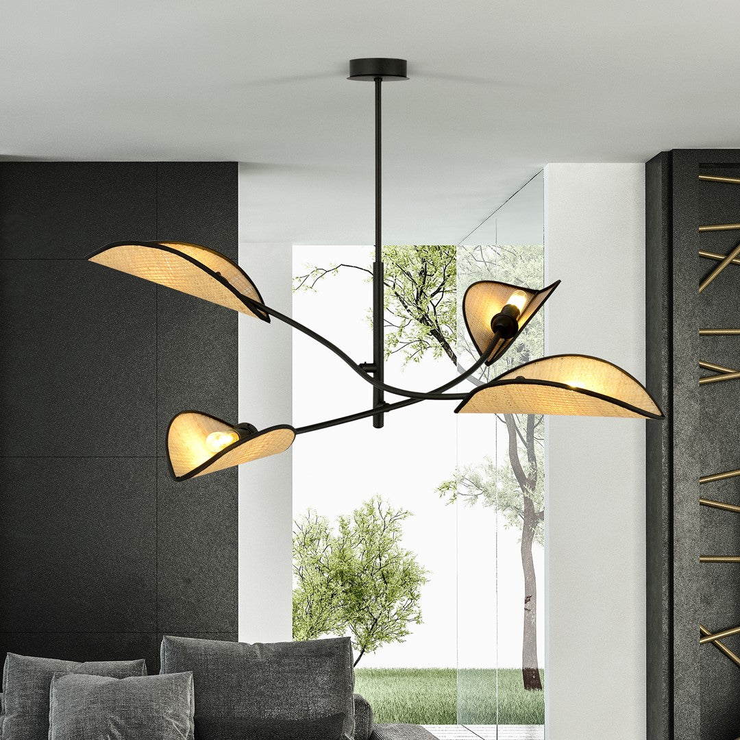 LOTUS 4 hanglamp verlicht in donkere Japandi woonkamer