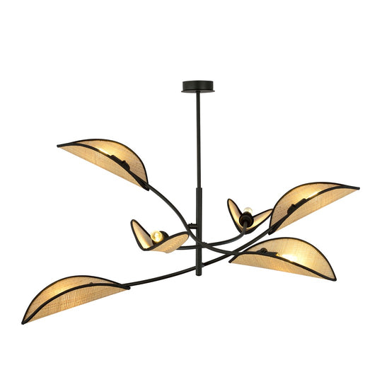 LOTUS 6 hanglamp zwart met zes rotan lampenkappen