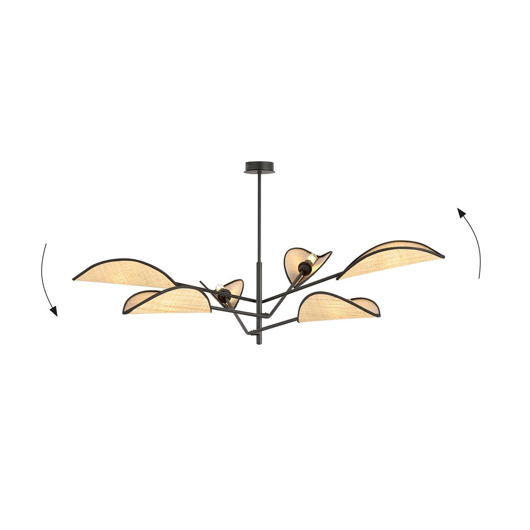 VENE 6 hanglamp zwart met zes rotan lampenkappen draaibaar