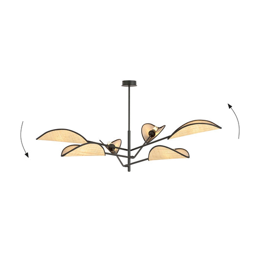 VENE 6 hanglamp zwart met zes rotan lampenkappen draaibaar