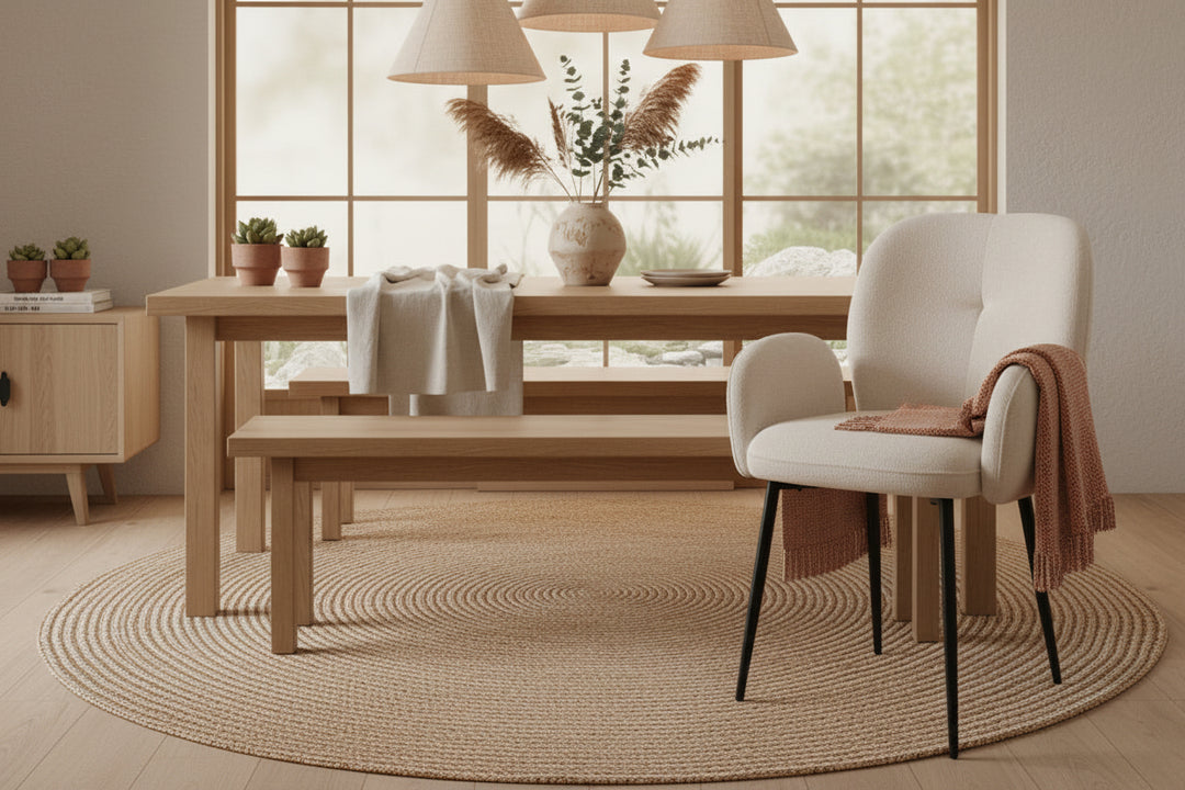 Bobby eetkamerstoel met armleuningen in Perfect Harmony stof in een Japandi interieur