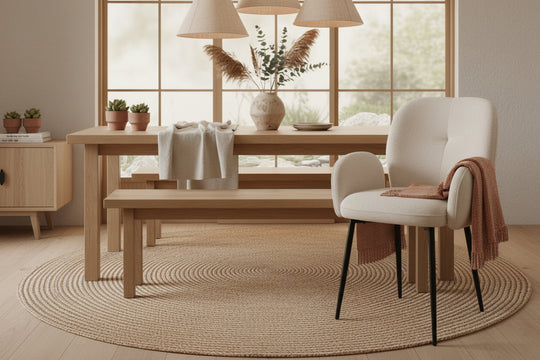 Bobby eetkamerstoel met armleuningen in Perfect Harmony stof in een Japandi interieur