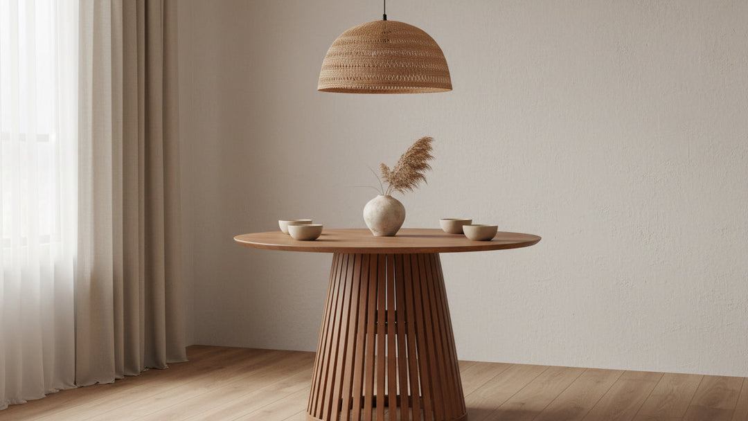 Ronde eettafel van acaciahout in een warme Japandi eetkamer