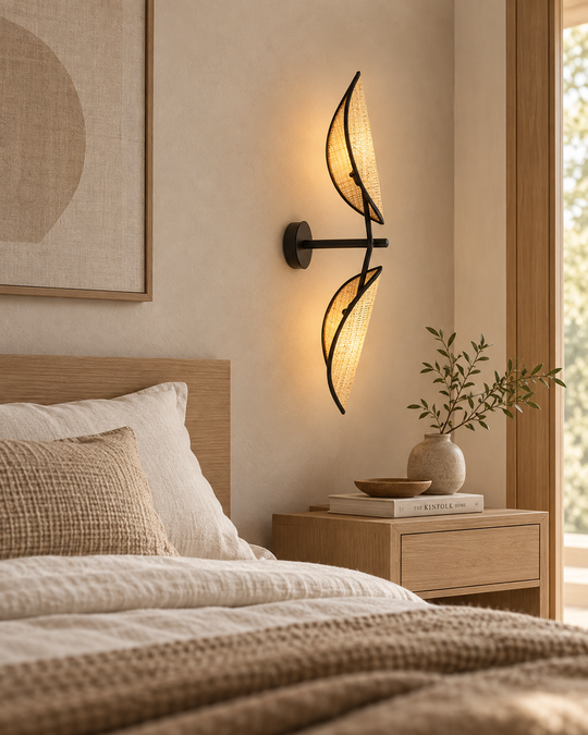 VENE K2 wandlamp naast bed in warme Japandi slaapkamer