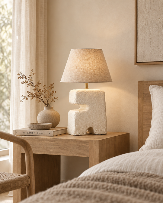 L’Objet tafellamp wit S in Japandi slaapkamer 