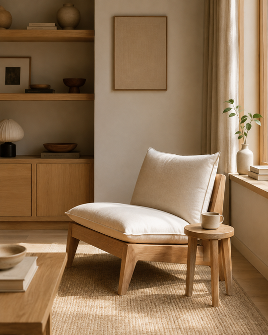 Seseh bijzettafel van licht hout naast een lounge stoel in een warm, rustig interieur met natuurlijke materialen en zachte beige tinten.