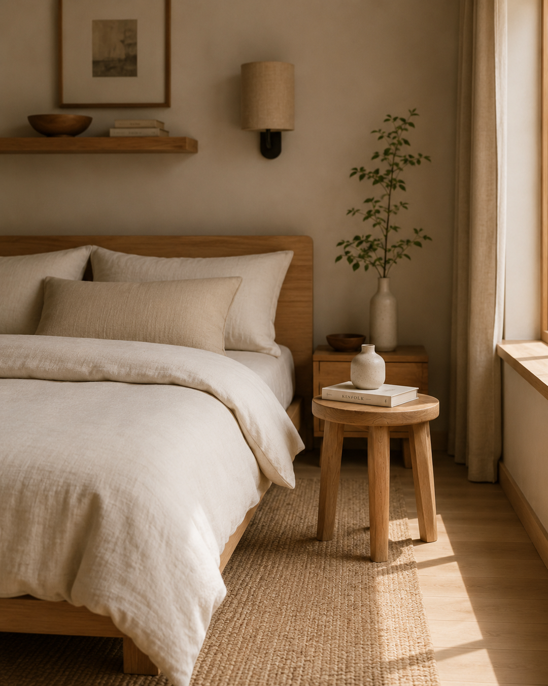 Seseh bijzettafel van naturel hout naast een bed in een rustige Japandi slaapkamer met zachte beige tinten en natuurlijke materialen.