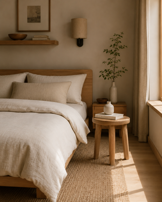 Seseh bijzettafel van naturel hout naast een bed in een rustige Japandi slaapkamer met zachte beige tinten en natuurlijke materialen.