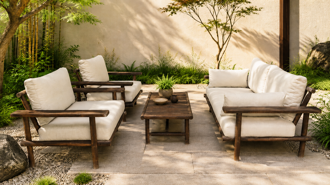 Laruna acaciahouten loungeset met Royal Sand kussens in een rustige Japandi tuin