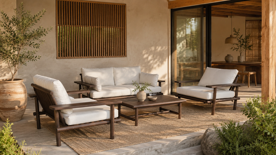 Houten Laruna loungeset met lichte kussens op een stijlvolle Japandi veranda