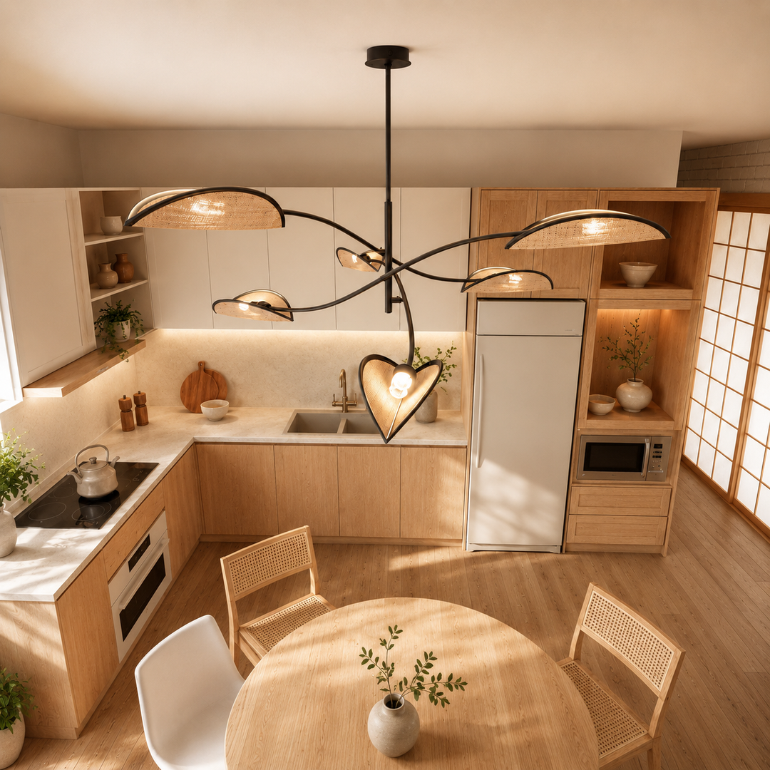 LOTUS 6 hanglamp zwart en rotan in lichte eetkamer