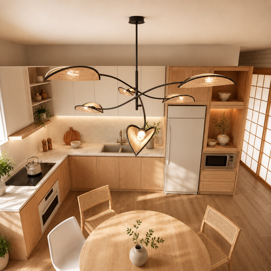 LOTUS 6 hanglamp zwart en rotan in lichte eetkamer