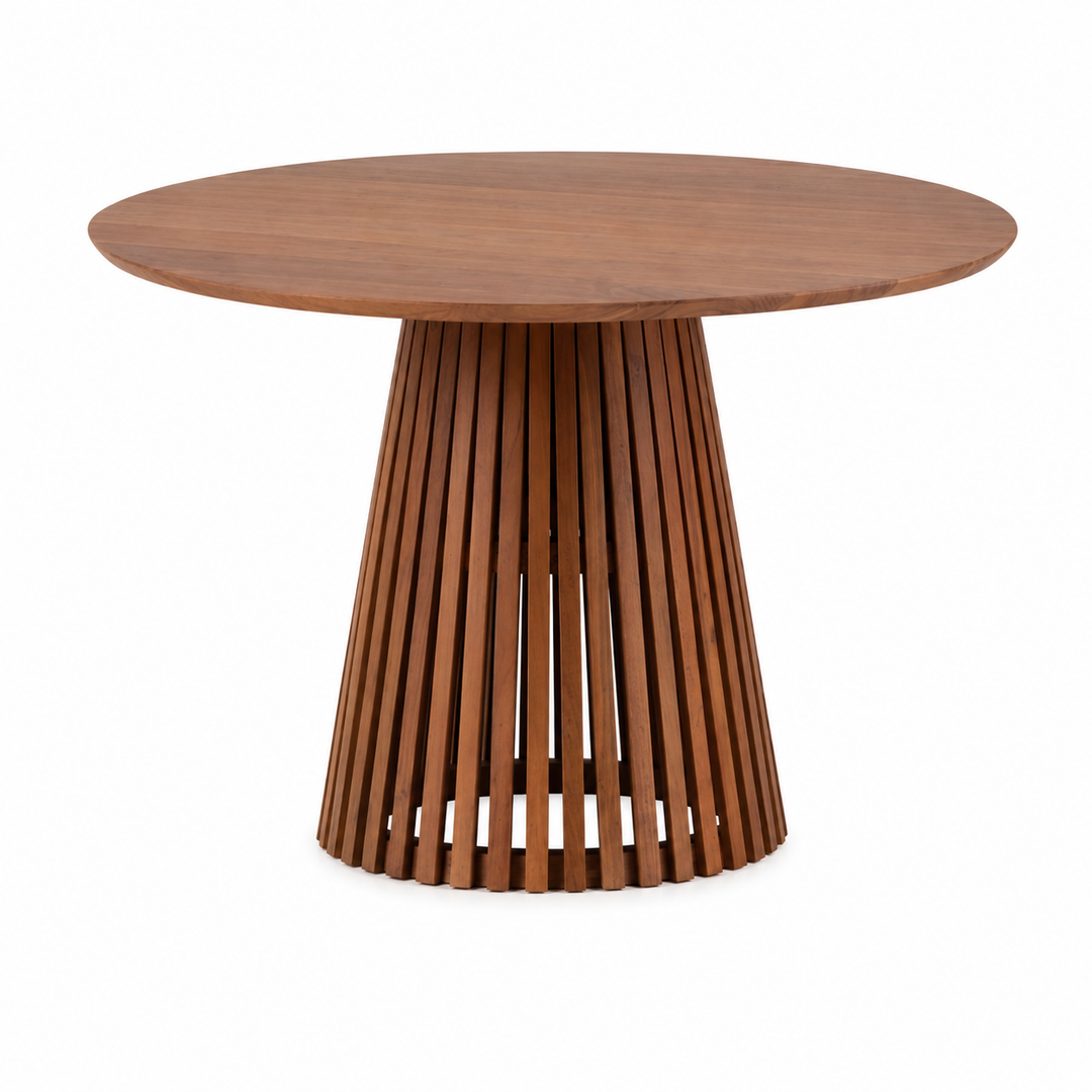 Ronde eettafel van acaciahout met lattenpoot en warme houttint in Japandi stijl