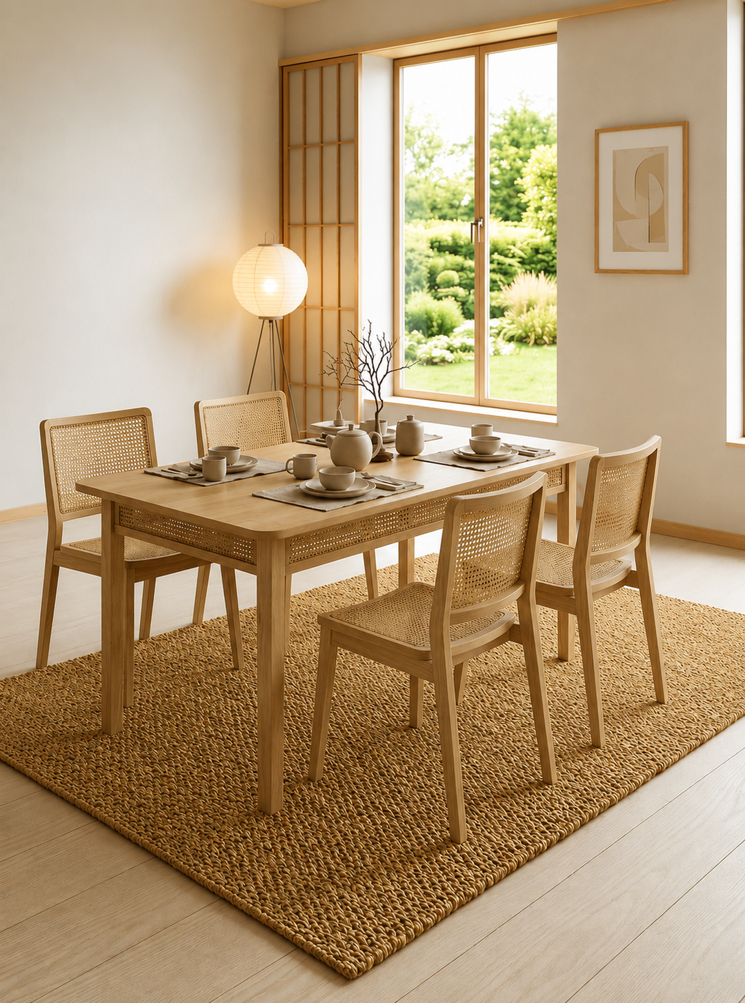 Sisal vloerkleed 240x180 cm in een rustige Japandi eetkamer