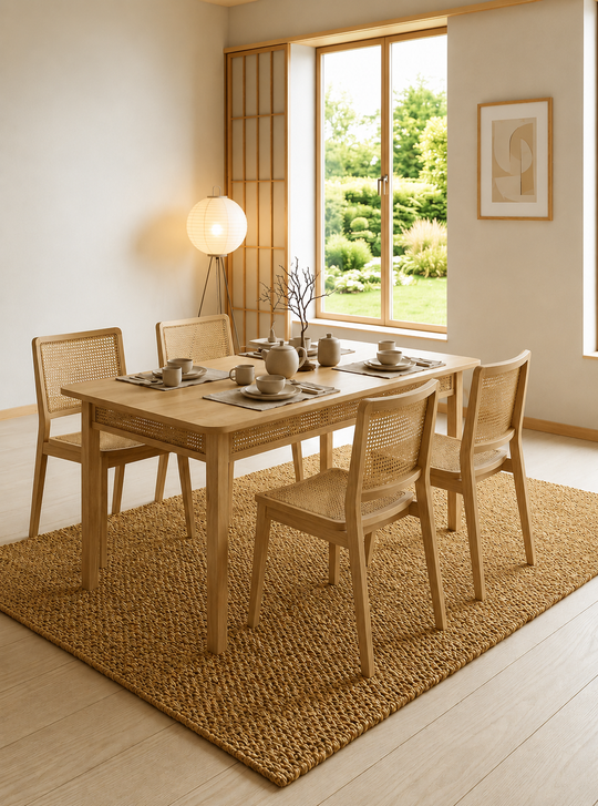 Sisal vloerkleed 240x180 cm in een rustige Japandi eetkamer