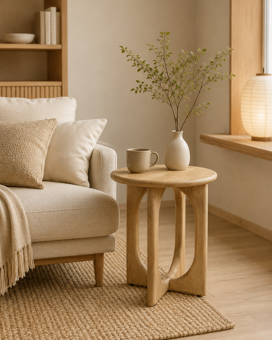 Ronde houten bijzettafel met sculpturale poot in natuurlijke houtkleur in een Japandi woonkamer