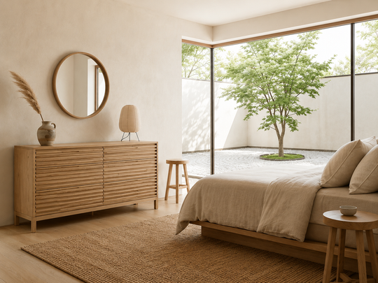 Tanner Japandi ladekast van massief essenhout in moderne slaapkamer