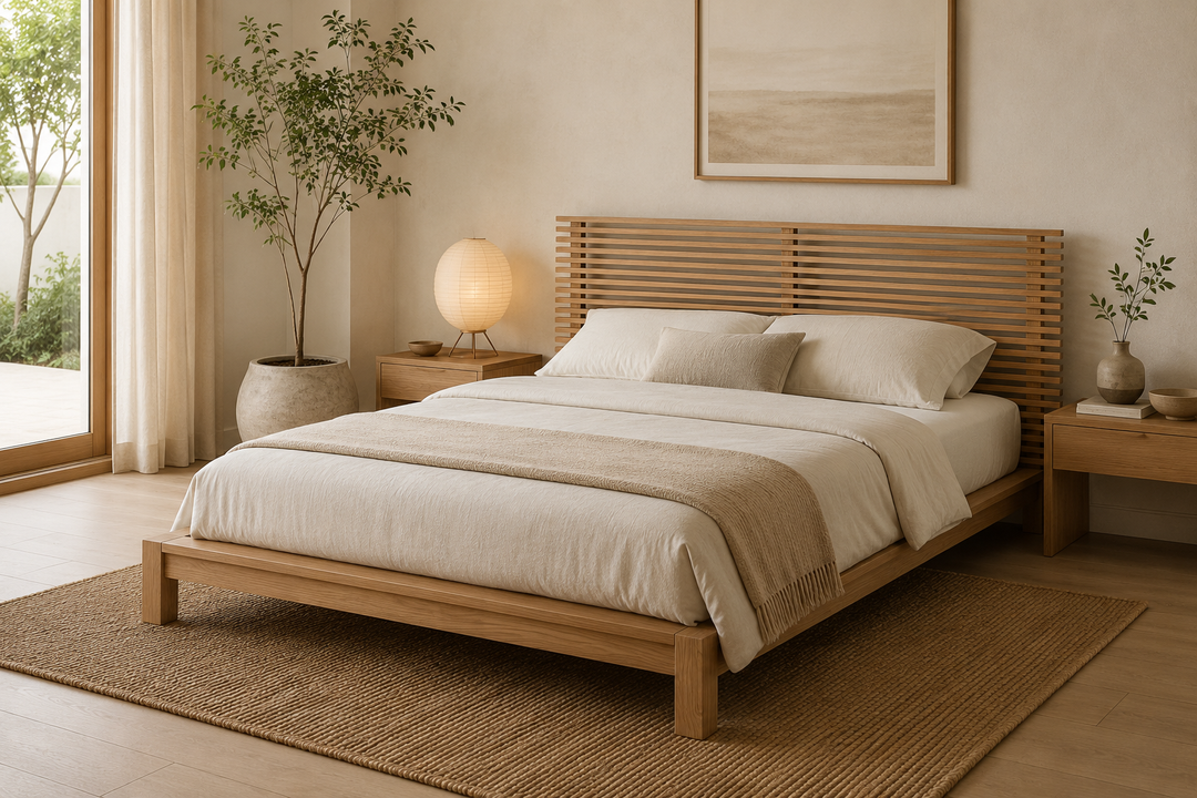Japandi slaapkamer ingericht met Tanner bed van massief essenhout