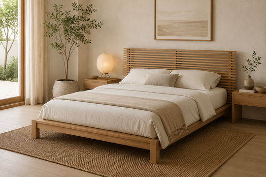 Japandi slaapkamer ingericht met Tanner bed van massief essenhout