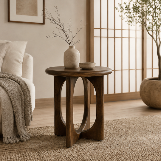 Ronde mango houten bijzettafel in bruin walnoot naast een bank in een eigentijds interieur.