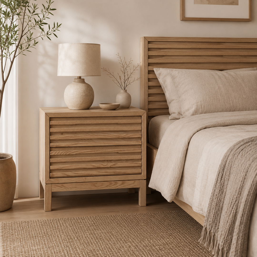 Tanner nachtkastje met 2 lades in Japandi stijl van hout met decoratieve lattenfronten in een Japandi slaapkamer.