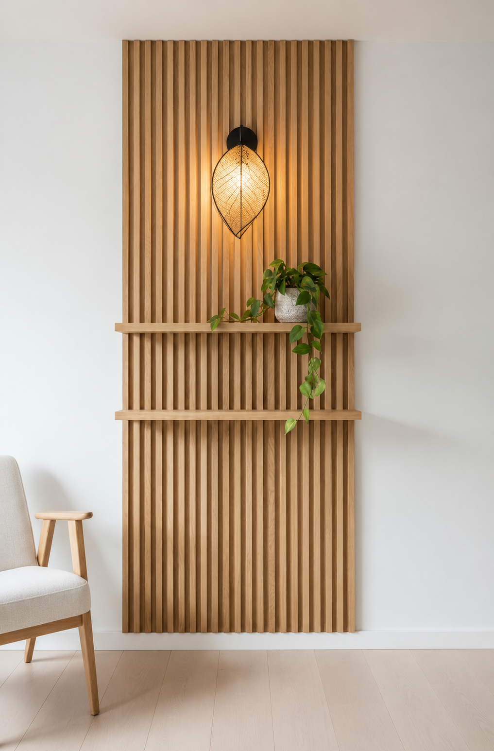 LOTUS K1 wandlamp tegen houten wand in Japandi interieur
