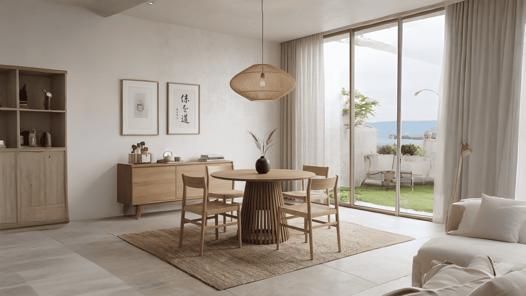 Acaciahouten eettafel met warme houttint in een minimalistisch Japandi interieur