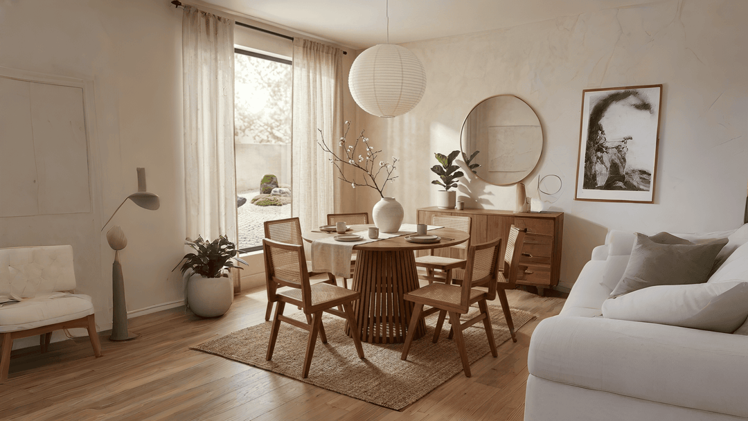Ronde eettafel van acaciahout met sculpturale lattenpoot