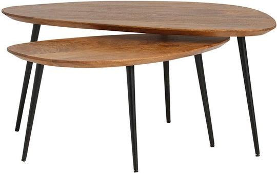 Ginger set van 2 organische salontafels van massief mangohout met zwart metalen onderstel