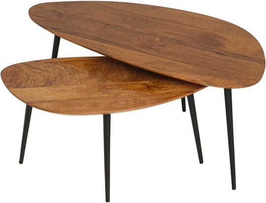 Organische salontafelset Ginger van massief mangohout met twee losse tafels en zwart metalen poten