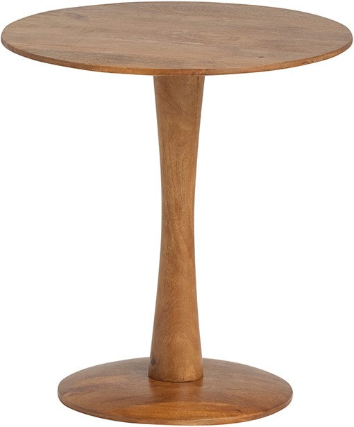 Ginger bijzettafel in Japandi stijl van massief hout met rond tafelblad en elegant sculpturaal onderstel.
