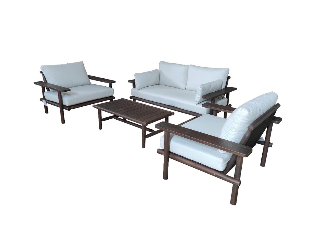 Complete Laruna loungeset van acaciahout met comfortabele lichte kussens en salontafel