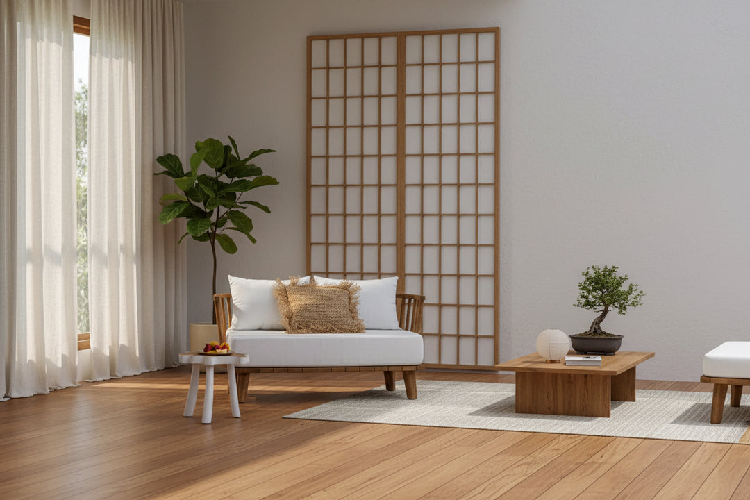Organic bijzettafel in een rustig Japandi woonkamer.